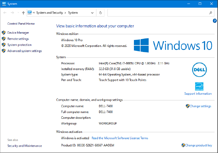 This screenshot shows the System page from Control Panel, with details such as the Windows edition, hardware configuration, and computer name.