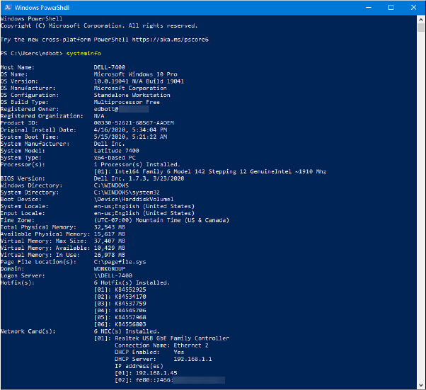 This screenshot shows a Windows PowerShell window with the systeminfo command on the top line and a screen full of details about the system configuration.