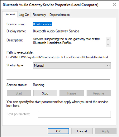 This screenshot shows the Properties dialog box for the Bluetooth Audio Gateway service, with a service name and description at the top and the startup type set to Manual.