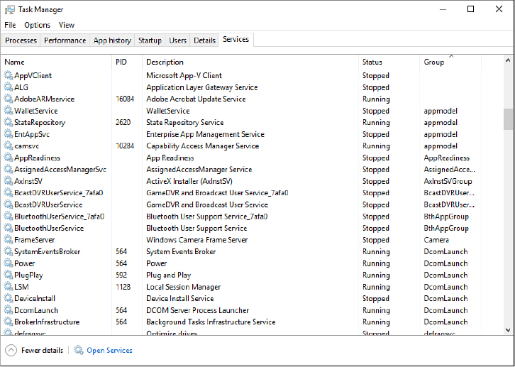 This screenshot shows the Services tab in Task Manager, sorted by the Group column.