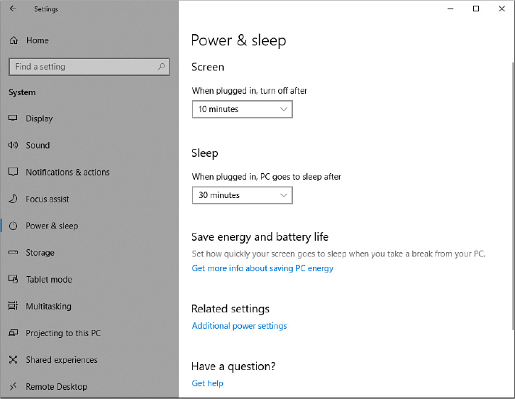 This screenshot shows the Power & Sleep page in Settings, for a desktop computer. The page features two drop-down controls, labeled When Plugged In Turn Off After and When Plugged In PC Goes To Sleep After.