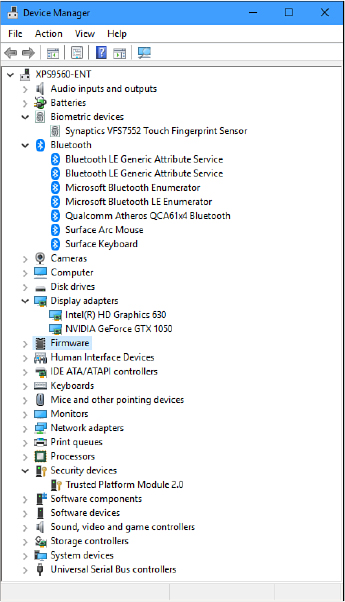 This screenshot shows Device Manager. A computer name is at the top of the pane, with individual categories beneath it in alphabetical order. Some categories are expanded to show devices in that category, also in alphabetical order.