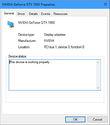 This screenshot shows the properties dialog box for an Nvidia display adapter. Five tabs are visible at the top of the window, with the General tab selected and a Device Status message that says the device is working properly.