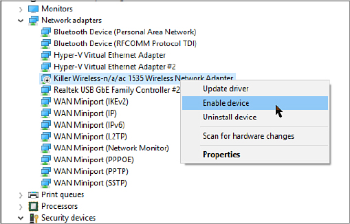 This partial screenshot shows Device Manager with a device in the Network Adapters category disabled and a shortcut menu showing the Enable Device option highlighted.