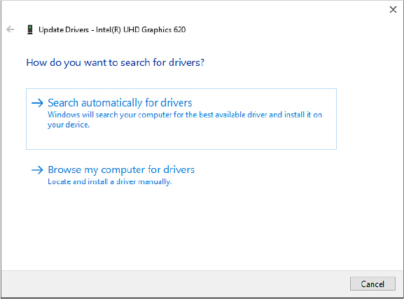 This screenshot shows the Update Drivers dialog box for a graphics adapter, with two available options: one labeled Search Automatically For Drivers and the other labeled Browse My Computer For Driver Software.