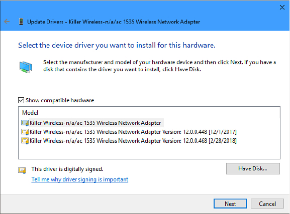 This screenshot shows the Update Driver Software dialog box with the Show Compatible Hardware check box selected and a list of drivers below it.