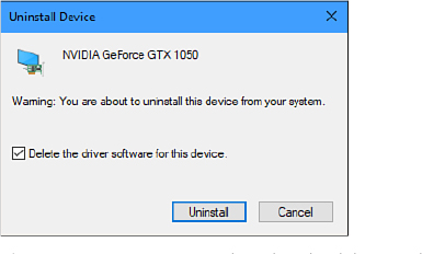 This screenshot shows the Uninstall Device dialog box, with warning text and a check box to specify whether to delete the driver software for the specified device.