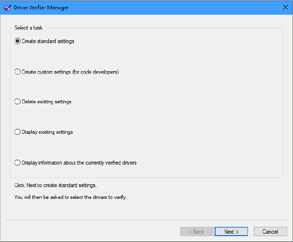 This screenshot shows the Driver Verifier Manager app window, with five options under the Select a Task heading. Create Standard Settings is selected.