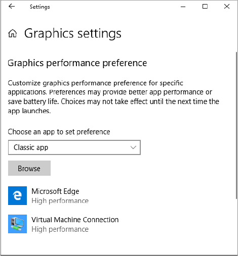 This screenshot shows the Graphics Settings page, with the label Graphics Performance Preference at the top and two entries at the bottom, for Microsoft Edge and Virtual Machine Connection, with the words High Performance beneath both entries.