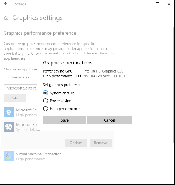 This screenshot shows the Graphics Specifications dialog box in the foreground, with two GPUs listed at the top and three settings options below: System Default, Power Saving, and High Performance.