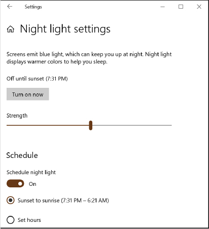 This screenshot shows the Night Light Settings page, with a Turn On Now button at the top, a slider for Color Temperature At Night, and Schedule options at the bottom.