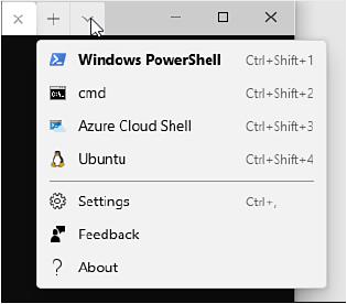 This screenshot shows the drop-down menu that appears when you click the arrow at the right edge of your current tabs. In this example are four new tab options: Windows PowerShell, cmd, Azure Cloud Shell, and Ubuntu.