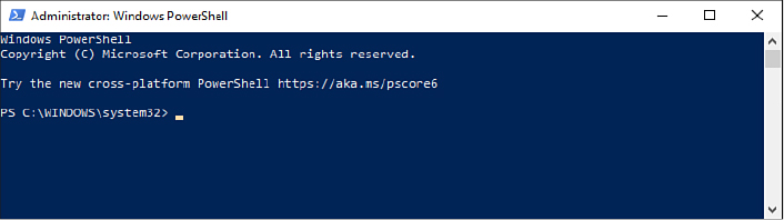 This screenshot shows the initial appearance of a default PowerShell window. With white text on a blue background, the window includes a copyright notice, a link to the cross-platform version of PowerShell, and a command prompt.
