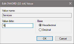 This screenshot shows the Edit DWORD dialog box. A read-only text field at the top displays the value name. A read-write field below provides a place to enter the value’s data.