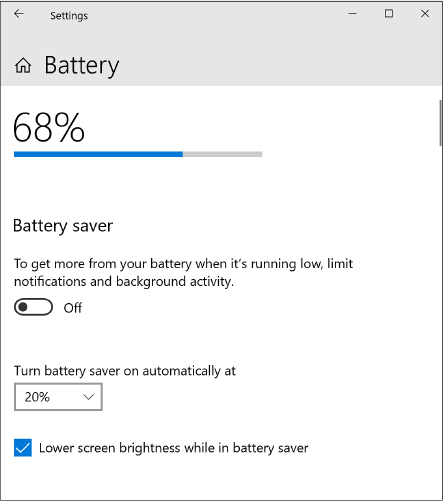 This screenshot shows the Battery page in Settings, with 68 percent displayed over a bar that graphically displays the same value. A Battery Saver switch is below that, with options set to turn on the Battery Saver when the battery reaches 20 percent. 