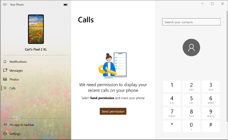 This screenshot shows the Your Phone app, with the Calls section visible in the Center pane and a message that says “We need permission to display your recent calls on your phone.” A telephone number pad is on the right.