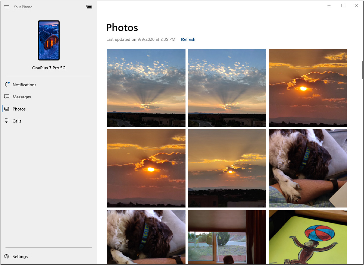 This screenshot shows the Your Phone app, with a picture of a phone in the upper-left corner. On the right side are several pictures under the heading Photos. 