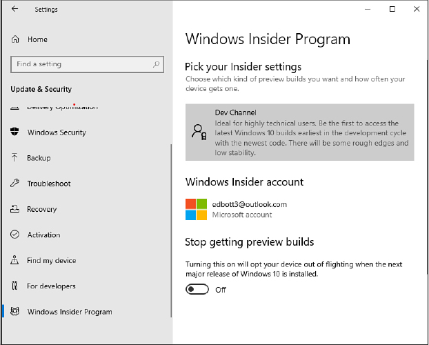 This screenshot shows the Windows Insider Program page in Settings, with Dev Channel in a gray box under the heading “Pick Your Insider Settings.” An email address and a Stop Getting Preview Builds switch are below that.