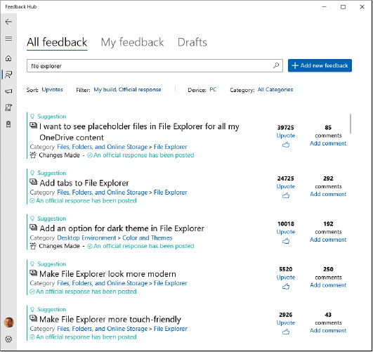 This screenshot shows the Feedback Hub app, with All Feedback selected at the top of the app window. A search box contains the words “file explorer” and below it are filtering options and five feedback items that match the search text.