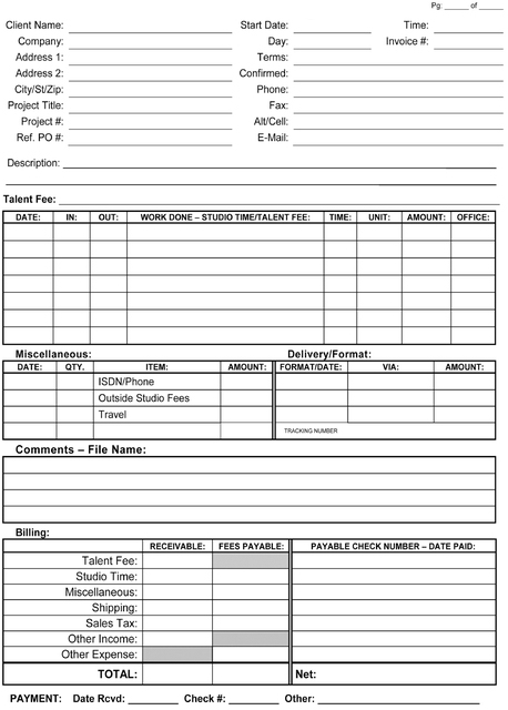 Figure 23.2: Example of a Session Booking Form or Work Order. This form can be used to document recording time and other expenses of a booked project which can then be summarized in your invoice for services. This form and the Booking Agreement should be kept on file for future reference. Download this form at AOVA.VoiceActing.com.