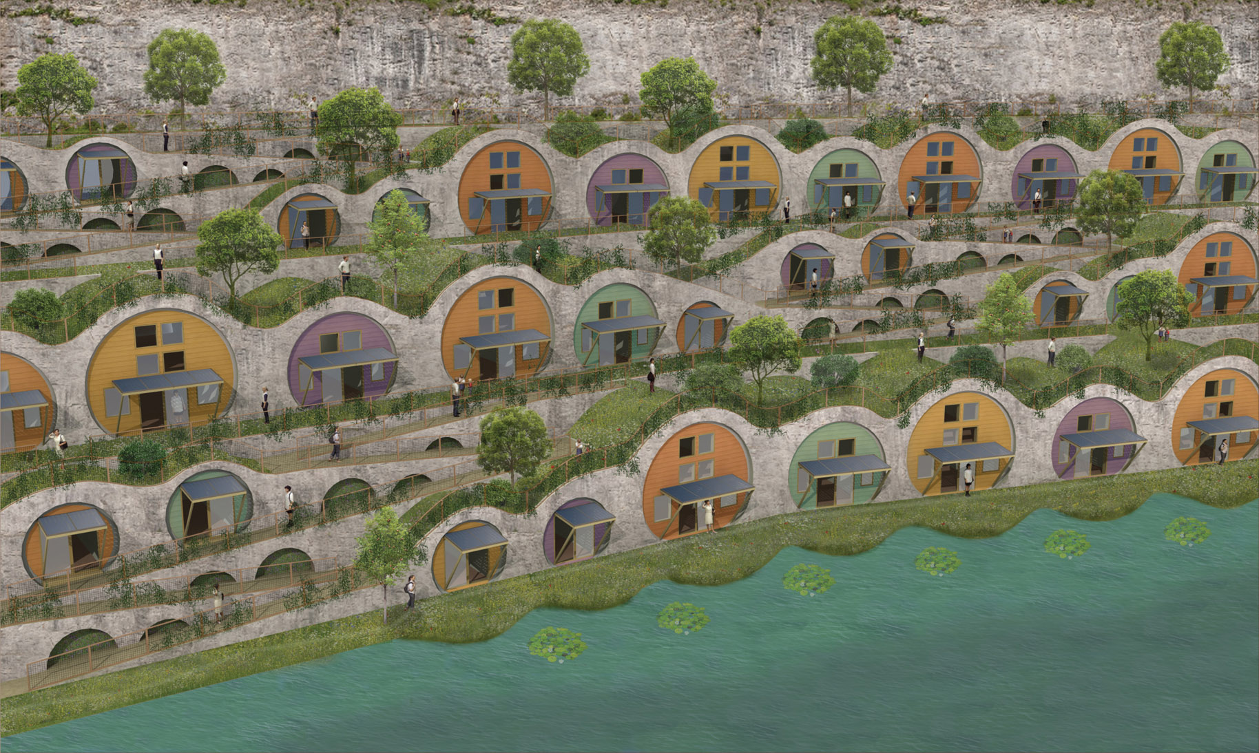 14.3 New terraces create earth-sheltered ‘hobbit’ holes.