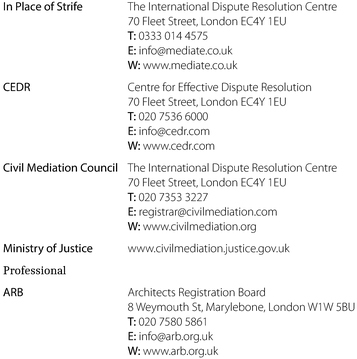 In Place of Strife The International Dispute Resolution Centre70 Fleet Street, London EC4Y 1EUT: 0333 014 4575E: info@mediate.co.ukW: www.mediate.co.uk 
 CEDR Centre for Effective Dispute Resolution70 Fleet Street, London EC4Y 1EUT: 020 7536 6000E: info@cedr.comW: www.cedr.com 
 Civil Mediation Council The International Dispute Resolution Centre70 Fleet Street, London EC4Y 1EUT: 020 7353 3227E: registrar@civilmediation.comW: www.civilmediation.org 
 Ministry of Justice www.civilmediation.justice.gov.uk 
 Professional 
 ARB Architects Registration Board8 Weymouth St, Marylebone, London W1W 5BUT: 020 7580 5861E: info@arb.org.ukW: www.arb.org.uk 
 RIBA Royal Institute of British Architects66 Portland Place, London WlB 1ADT:020 7580 5533E: info@riba.orgW: www.architecture.com 
 RICS Royal Institution of Chartered Surveyors12 Great George St, London SW1P 3ADT: 024 7686 8555W: www.rics.org 
 ICE Institution of Civil Engineers1 Great George St, London SW1P 3AAT: 020 7222 7722E: info@onegreatgeorgestreet.comW: www.onegreatgeorgestreet.com 
 Dispute resolution 
 CIArb Chartered Institute of Arbitrators12 Bloomsbury Square, London WC1A 2LPT: 020 7421 7444E: info@ciarb.orgW: www.ciarb.org 
 RICS RICS Dispute Resolution ServiceSurveyor Court, Westwood Way, Coventry CV4 8JET: 020 7334 3806 E: drs@rics.org 
 RIBA E: adjudication@riba.org 
 Academy of Experts 3 Gray's Inn Sguare, London WC1R 5AHT: 020 7430 0333E: admin@academy-experts.orgW: www.academyofexperts.org 
 LCIA London Court of International Arbitration70 Fleet Street, London EC4Y 1EUT: 020 7936 6200E: lcia@lcia.orgW: www.lcia.org 
 
