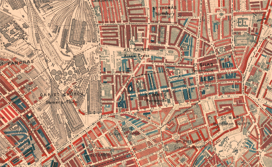 Figure 3.8: Booth’s Map of Poverty in London (1898–99). The housing shaded dark blue and black was occupied by the ‘vicious and semi-criminal’ classes.