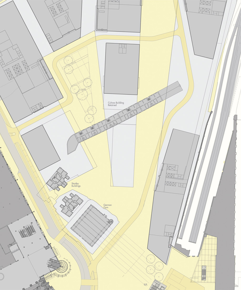 Figure 5.14: Design study showing the implications of retaining the Culross Buildings in relation to the Boulevard and proposed development blocks. Source: report by ARUP, April 2004.