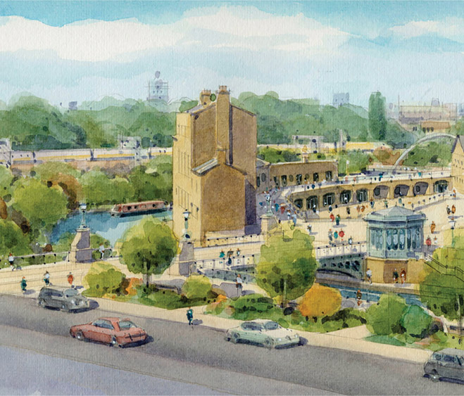 Figure 5.16: Same view of Granary Square – watercolour showing canal-side pavilions.