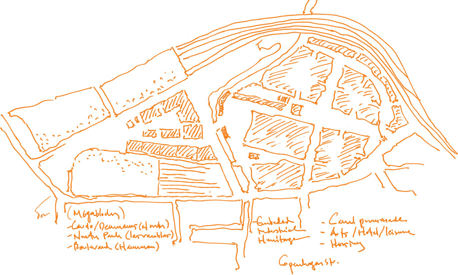 Figure 5.5: Early masterplan sketch showing links to Copenhagen Street and the Boulevard.