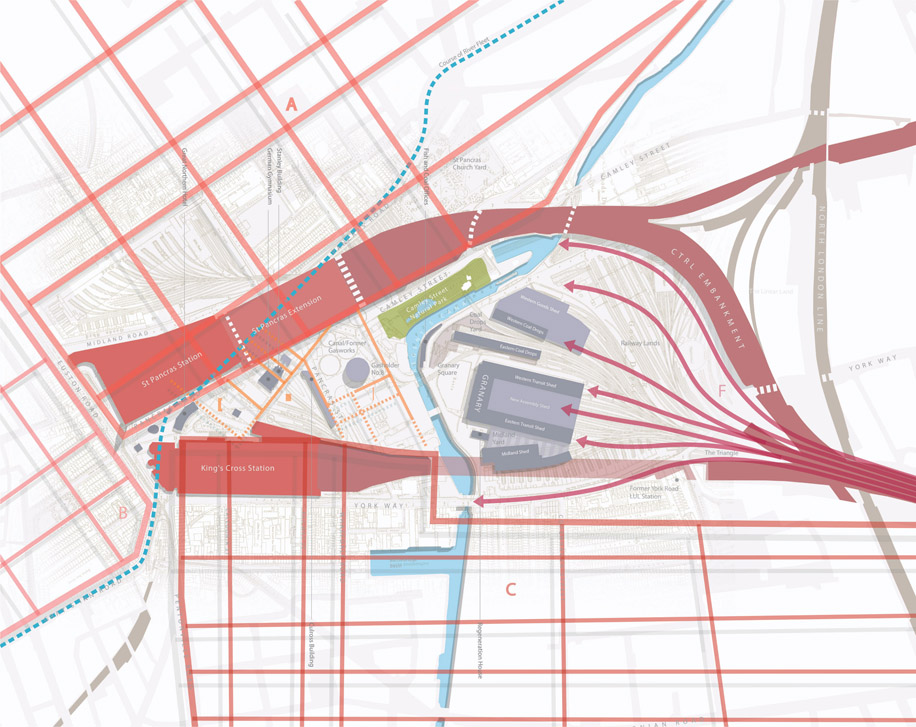 Figure 5.7: Conceptual drawing showing adjoining street grids and geometry of railway sidings.