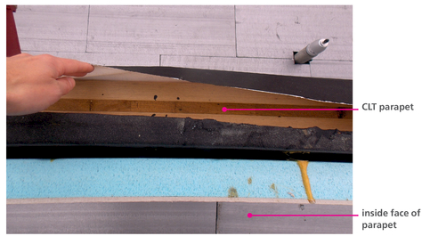 Figure 7.12 Insulation and DPM lining the inside of CLT parapet.