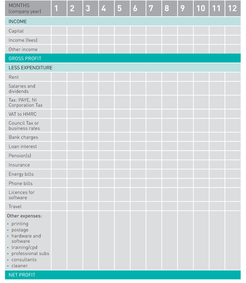 MONTHS (company year) 1 2 3 4 5 6 7 8 9 10 11 12 
 INCOME 
 Capital                         
 Income (fees)                         
 Other income                         
 GROSS PROFIT 
 LESS EXPENDITURE 
 Rent                         
 Salaries and dividends                         
 Tax: PAYE, NI Corporation Tax                         
 VAT to HMRC                         
 Council Tax or business rates                         
 Bank charges                         
 Loan interest                         
 Pension(s)                         
 Insurance                         
 Energy bills                         
 Phone bills                         
 Licences for software                         
 Travel                         
 Other expenses:• printing• postage• hardware and software• training/cpd• professional subs• consultants• cleaner.                         
 NET PROFIT 
 
