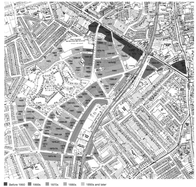 FIGURE 1.2, ABOVE This map shows how the Minet Estate was developed and leased in segments. Construction generally started soon after the lease start dates shown.