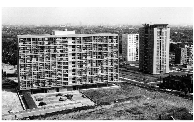 FIGURE 5.8, ABOVE Charles Hocking House (1965–7), with Blackmore and Kipling towers (1963–5) to the south, in 1967; demolished c.2012.