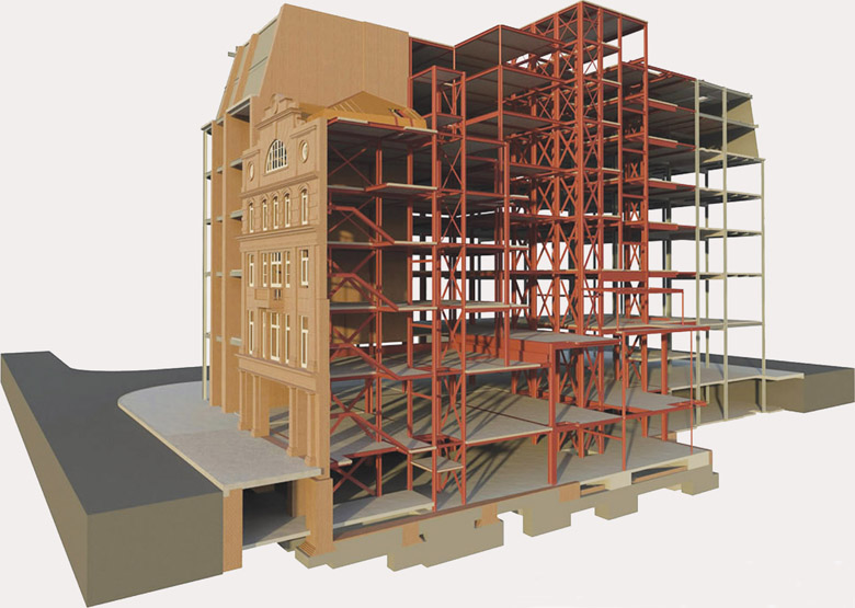 Figure 2.08: Model of steel-framed structure with retained listed facade.