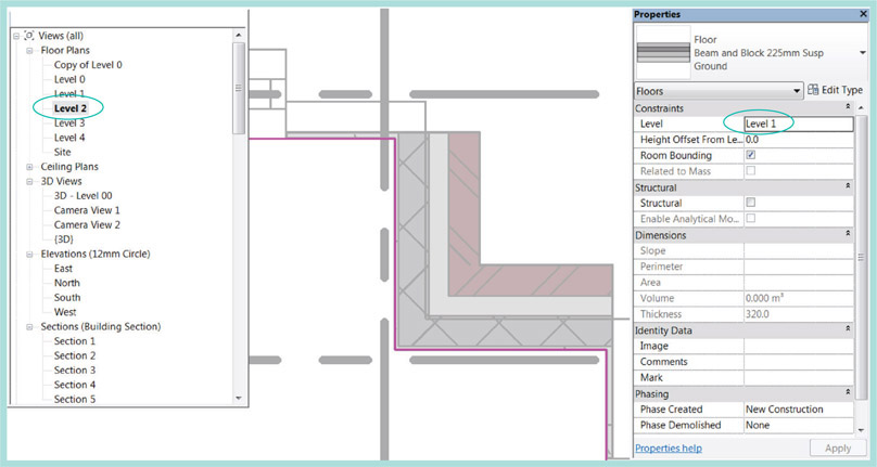 Figure 5.10 Plan of floor slab mistakenly inserted on level 1 in level 2 view2