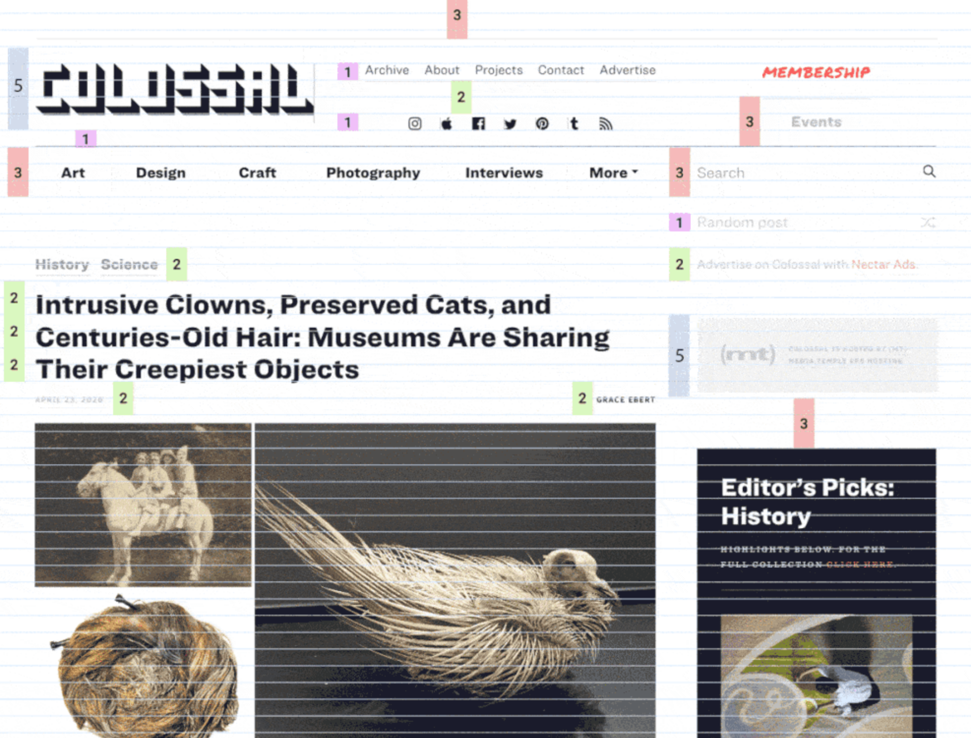 Colossal magazine uses a loose 21-pixel grid (specifically on desktop screens)