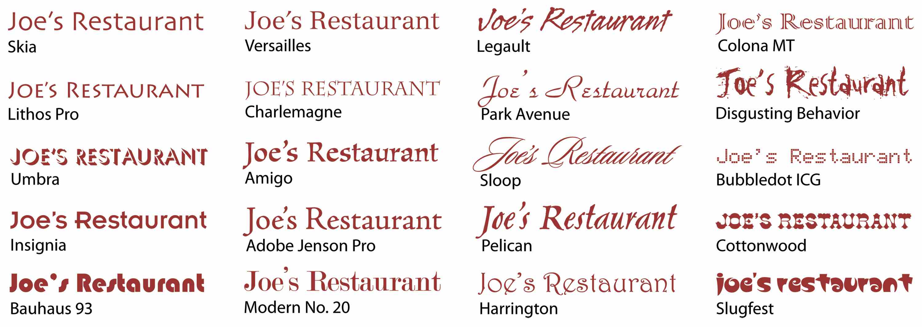 20 different fonts to make you want to eat at Joe’s