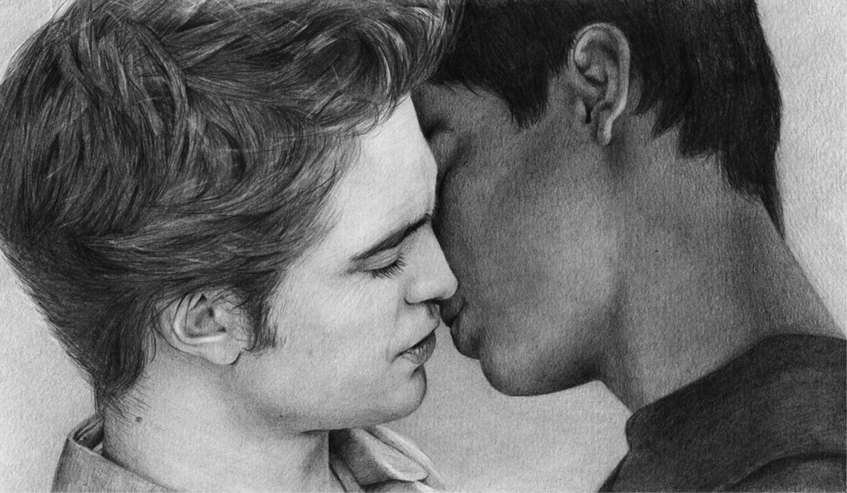 Slash fiction image of Edward (left) and Jacob (right) from the Twilight series.