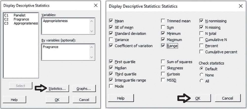 Illustration of Display Descriptive Statistics dialog boxes.