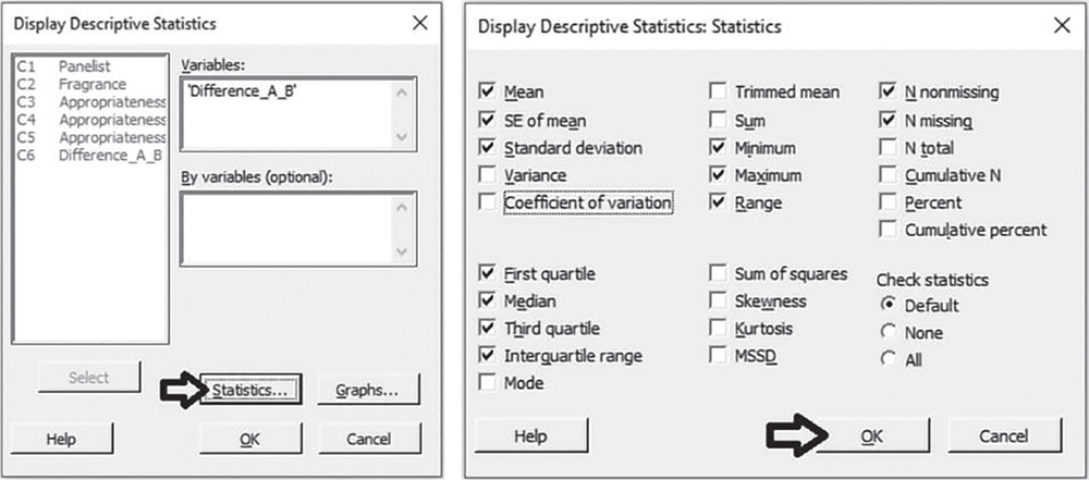 Illustration of Display Descriptive Statistics dialog box in which Statistics is clicked opening another dialog box displaying a range of possible statistics to choose from.