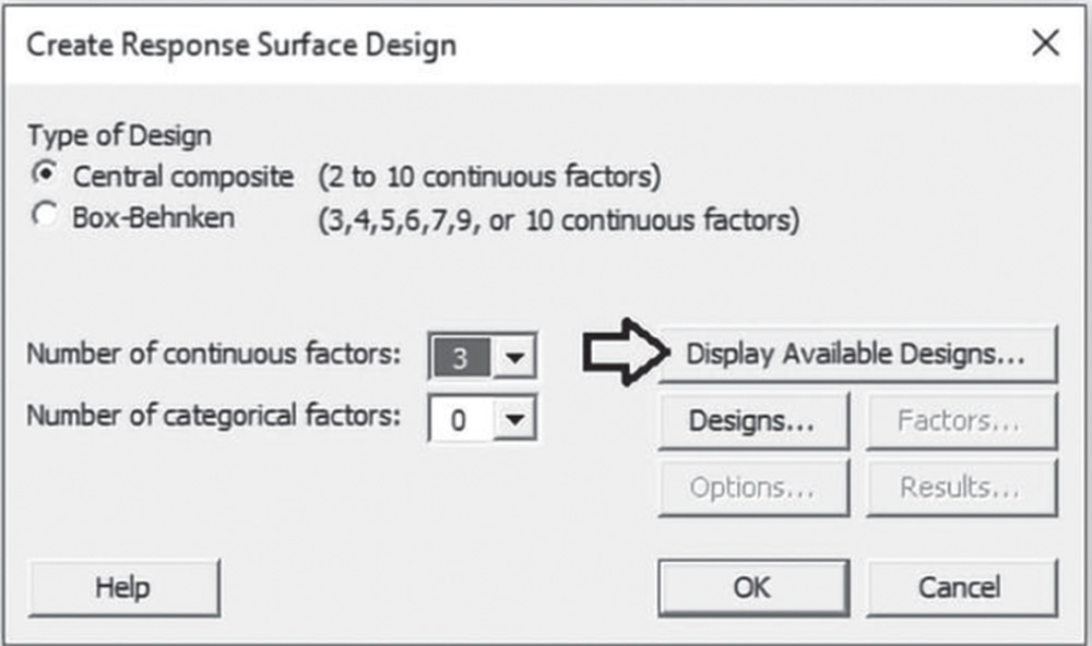 Illustration of Create Response Surface Design dialog box.