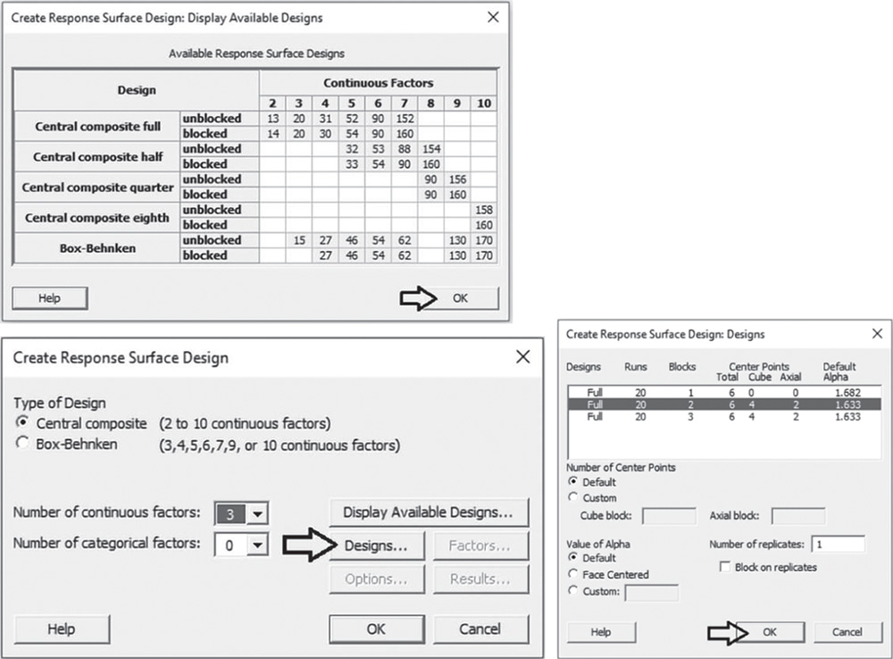 Illustration of Create Response Surface Design and corresponding Display Available Settings and Designs dialog boxes.