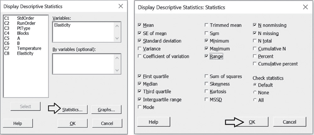 Illustration of Display Descriptive Statistics dialog box that opens another Statistics dialog box.