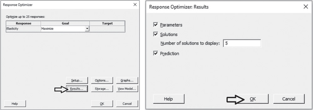 Illustration of Response Optimizer and corresponding Results dialog boxes.