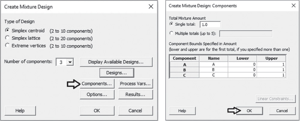 Illustration of Create Mixture Design and corresponding Components dialog boxes.