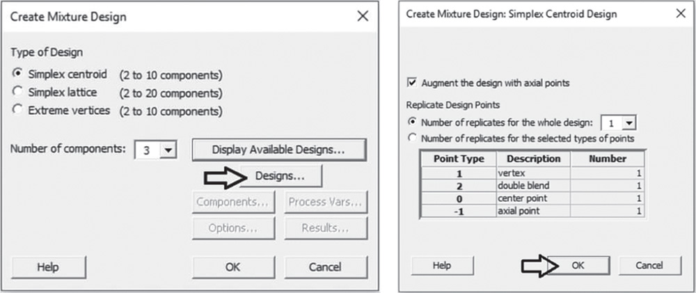 Illustration of Create Mixture Design dialog box that opens another Simplex centroid design dialog box.