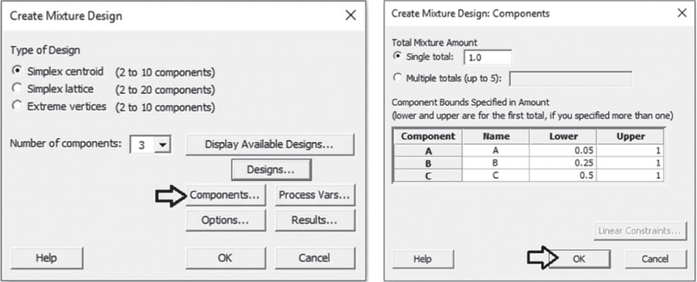 Illustration of Create Mixture Design dialog box that opens another Components dialog box.