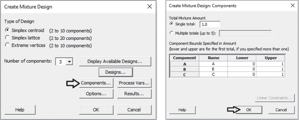 Illustration of Create Mixture Design dialog box opening another Components dialog box.